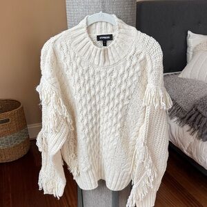 Express Women's Fringe Cable Knit Sweater - Cream